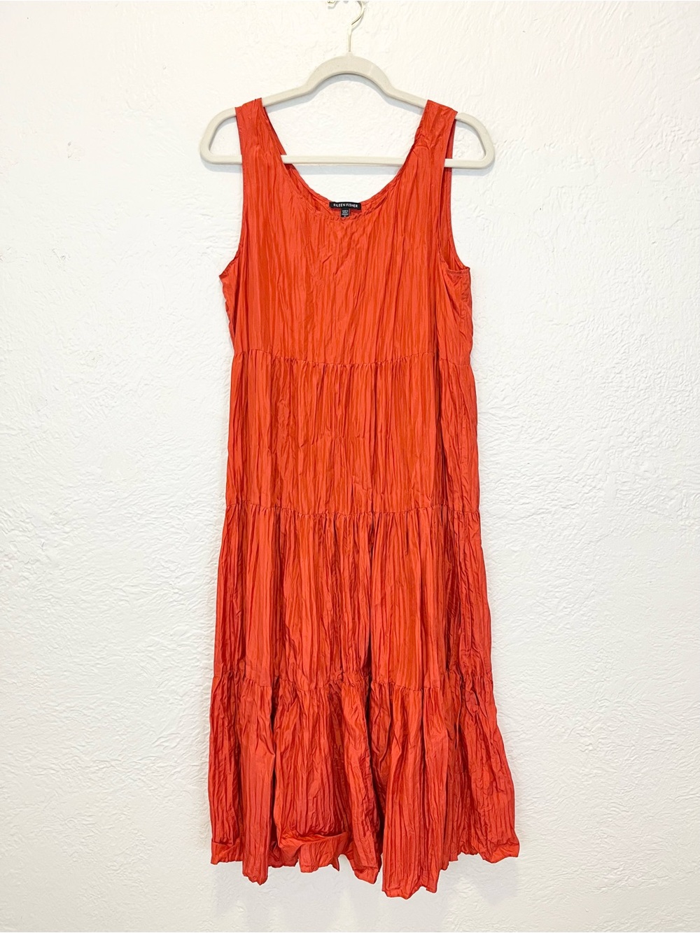Eileen Fisher Crushed Crinkle Silk Tiered Midi Dress Orange Red Medium M
